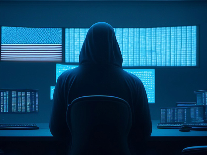 a hacker sitting at a desk with multiple screens