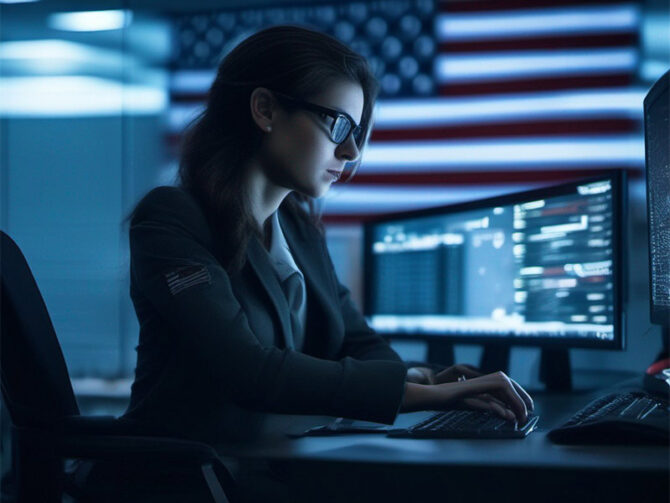 cybersecurity woman working in an office